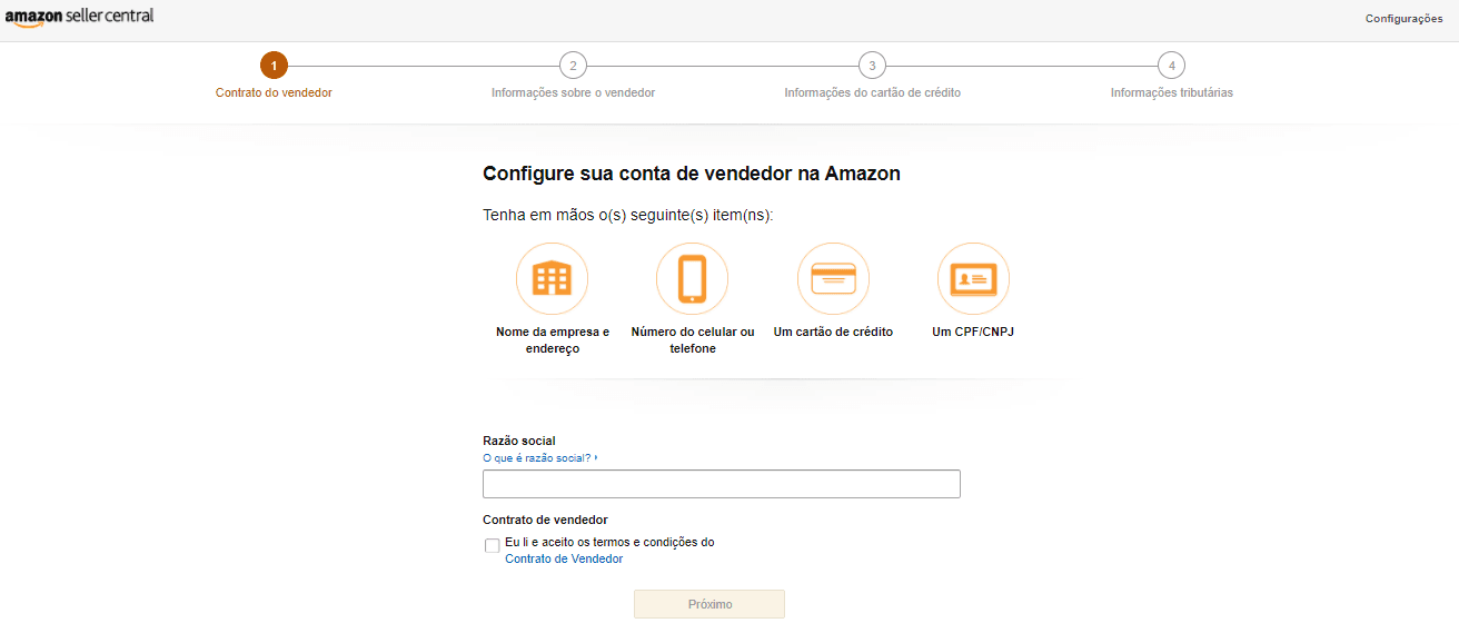 Tela de cadastro no marketplace da Amazon.
