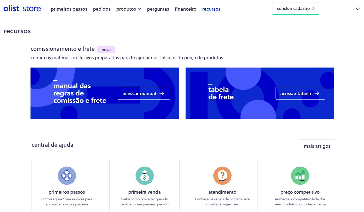 Área de recursos da plataforma Olist Store, com conteúdos educativos focados em alta performance de vendas.